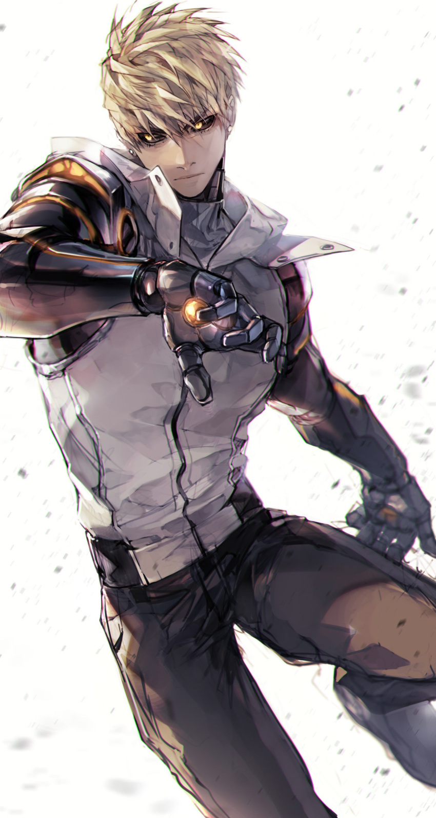 1boy absurdres belt black_pants black_sclera blonde_hair closed_mouth collared_vest colored_sclera cyborg earrings genos haban_(haban35) hair_between_eyes highres jewelry looking_to_the_side male_focus manly mechanical_arms one-punch_man pants single_mechanical_arm sleeveless solo vest white_vest wing_collar yellow_eyes