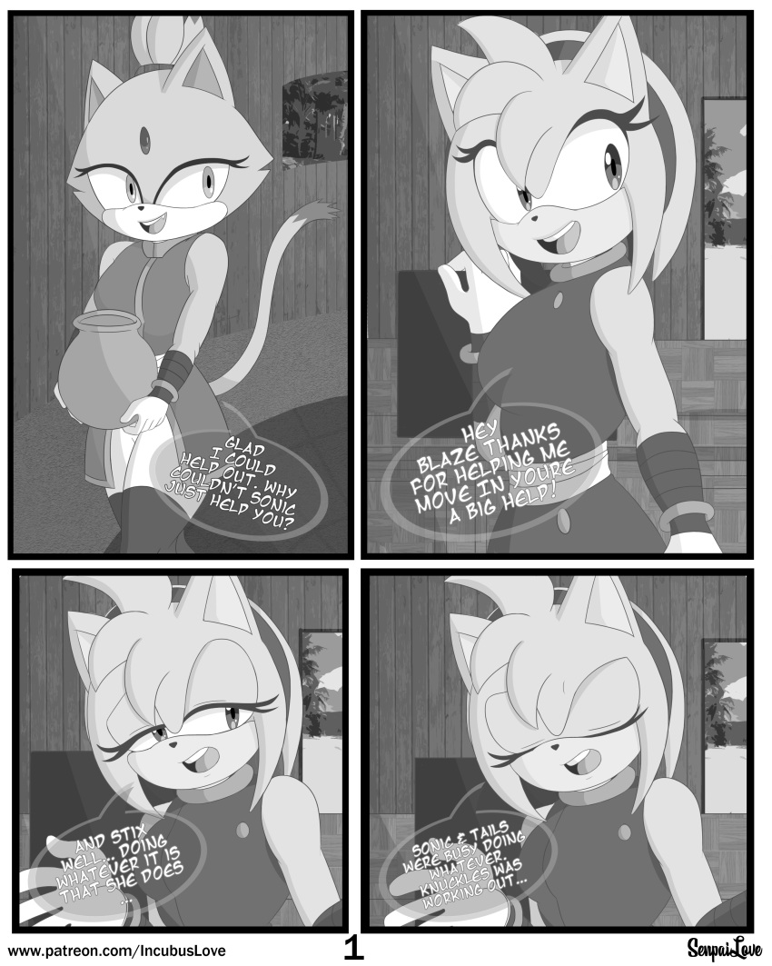 2019 4:5 absurd_res amy_rose anthro blaze_the_cat clothing digital_media_(artwork) duo eulipotyphlan eyelashes female fur gloves handwear hedgehog hi_res mammal monochrome sega senpailove smile sonic_the_hedgehog_(series) text url