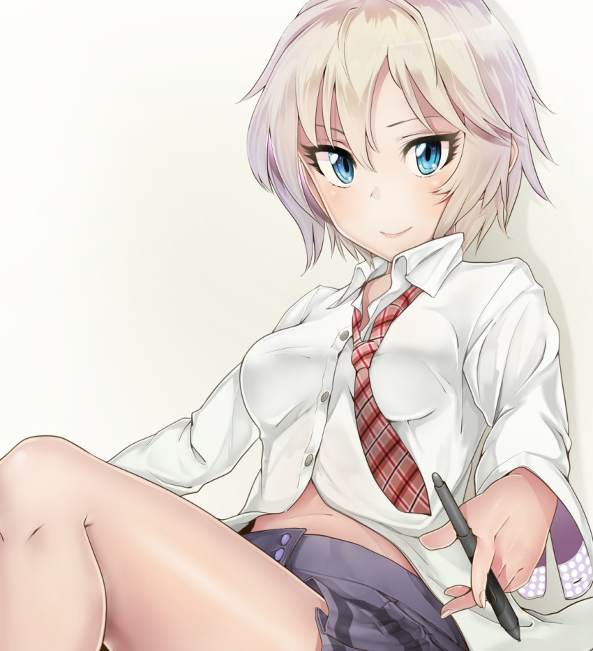 anastasia_(idolmaster) blue_eyes brown_necktie collared_shirt commentary dress_shirt female grey_hair grey_skirt hair_between_eyes highres holding holding_pen idolmaster idolmaster_cinderella_girls kinpun_(fgxdw447) long_sleeves looking_at_viewer midriff miniskirt navel necktie pen plaid_neckwear pleated_skirt shirt short_hair simple_background sitting skirt smile solo stomach striped_clothes striped_skirt white_background white_shirt