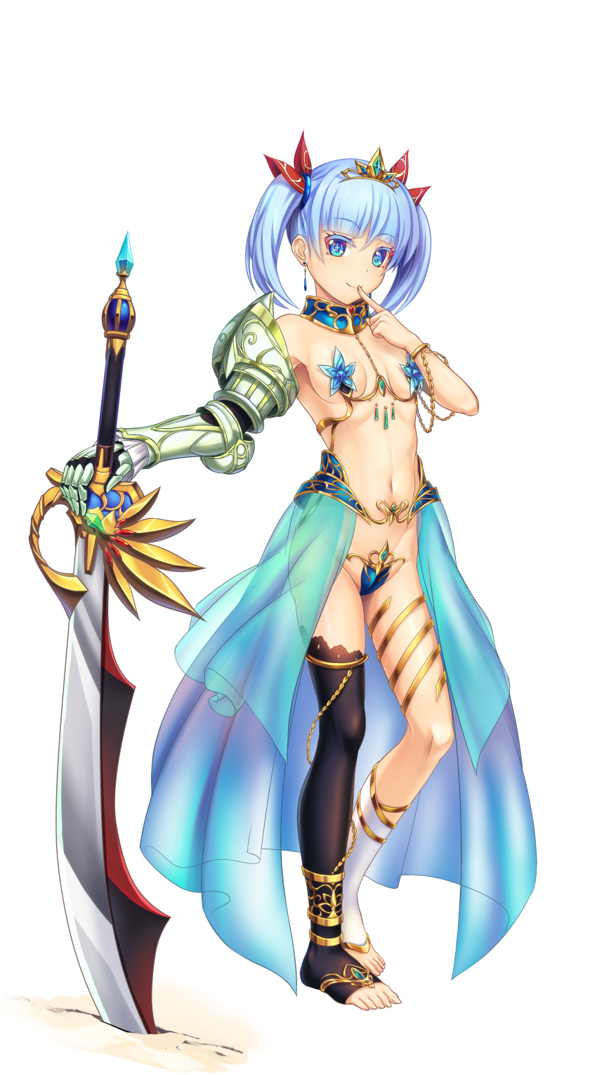 +_+ absurdres anklet asymmetrical_legwear blue_eyes blue_hair breasts colored_eyelashes commentary_request female gauntlets groin highres jewelry looking_at_viewer luupechi maebari navel original revealing_clothes short_hair smile solo sword tiara toeless_legwear twintails uneven_legwear weapon