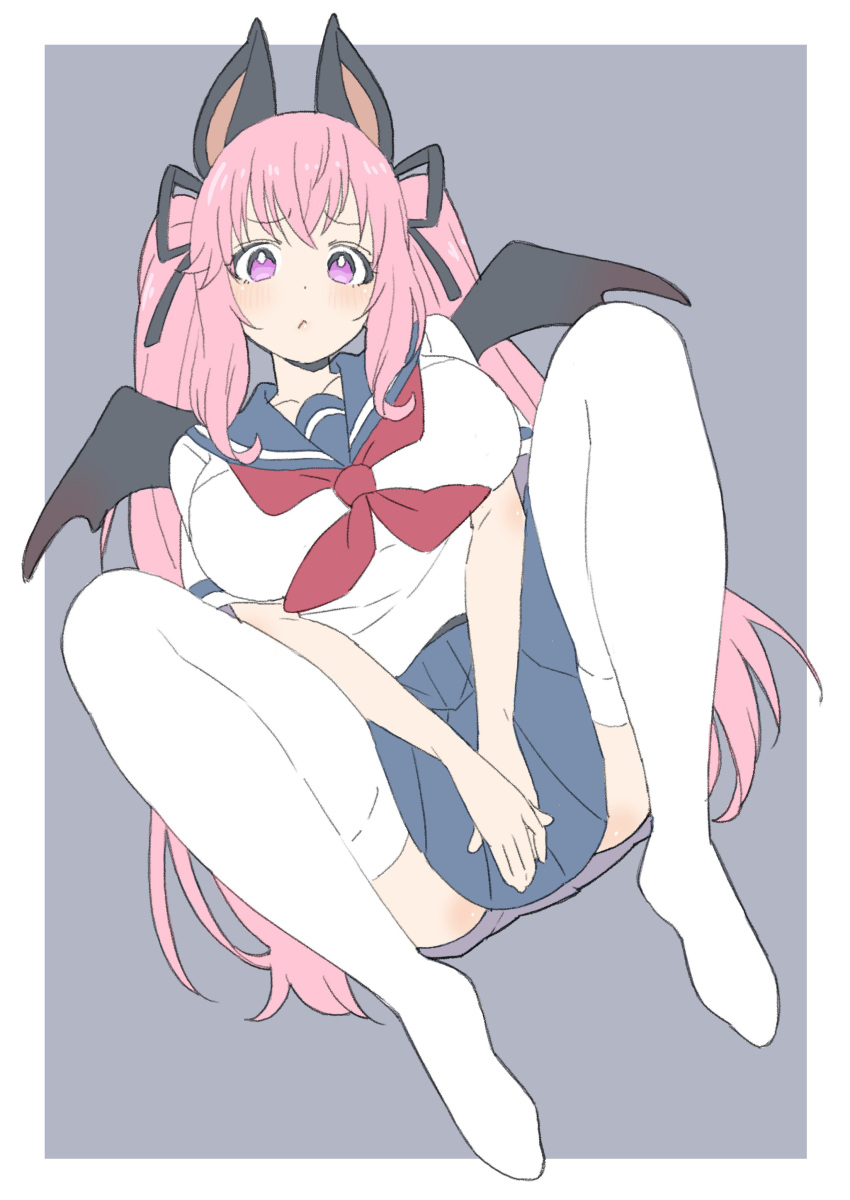 absurdres animal_ears animare bad_id bad_twitter_id bat_ears bat_wings black_ribbon blue_background blue_sailor_collar blue_skirt breasts closed_mouth collarbone donguri_suzume female full_body hair_ribbon highres large_breasts long_hair looking_at_viewer lying miniskirt nanashi_inc. neckerchief no_shoes on_back own_hands_together pink_hair pleated_skirt purple_eyes red_neckerchief ribbon sailor_collar school_uniform serafuku short_sleeves sidelocks simple_background skirt solo thighhighs thighs twintails umori_hinako very_long_hair virtual_youtuber wings zettai_ryouiki