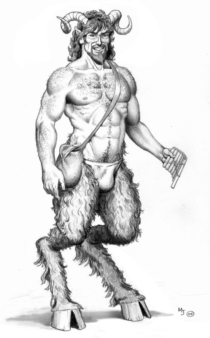 2005 arm_hair bag beard biceps body_hair bulge chest_hair clothing cloven_hooves facial_hair happy_trail hi_res hooves horn humanoid looking_at_viewer male mjarrett1000 monochrome muscular muscular_humanoid muscular_male musical_instrument navel nipples nooba pan_flute pecs pubes satyr smile solo underwear unguligrade wind_instrument woodwind_instrument