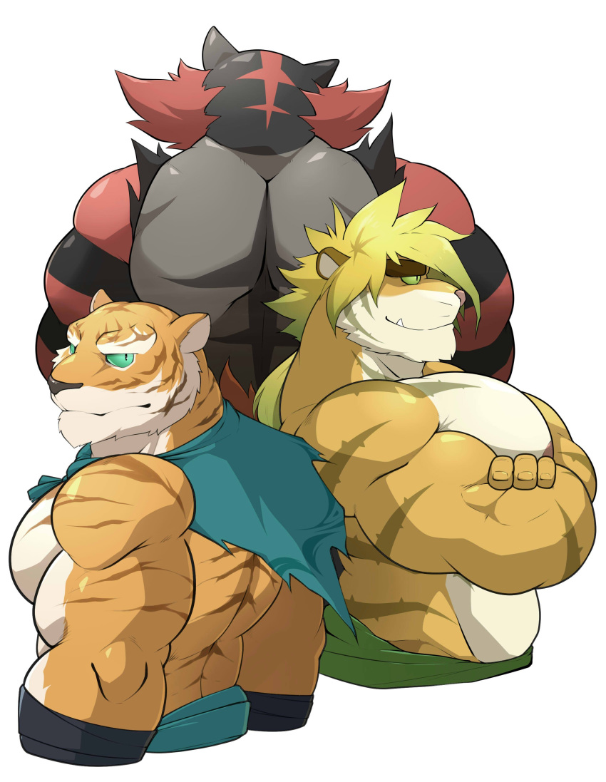 absurd_res anthro clothed clothing crossed_arms felid generation_7_pokemon group hi_res incineroar lifewonders macan_(tas) maldu male mammal muscular muscular_male nintendo pang_(sdorica) pantherine pokemon pokemon_(species) sdorica tiger tokyo_afterschool_summoners topless