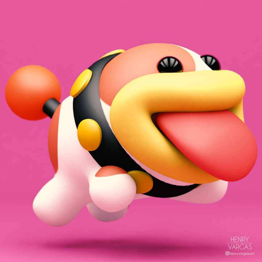 1:1 3d_(artwork) ambiguous_gender big_tongue black_eyes canid canine canis collar digital_media_(artwork) domestic_dog fur henry_vargas hi_res mammal mario_bros multicolored_body multicolored_fur nintendo pink_background poochy red_tongue simple_background solo tongue tongue_out yoshi's_island