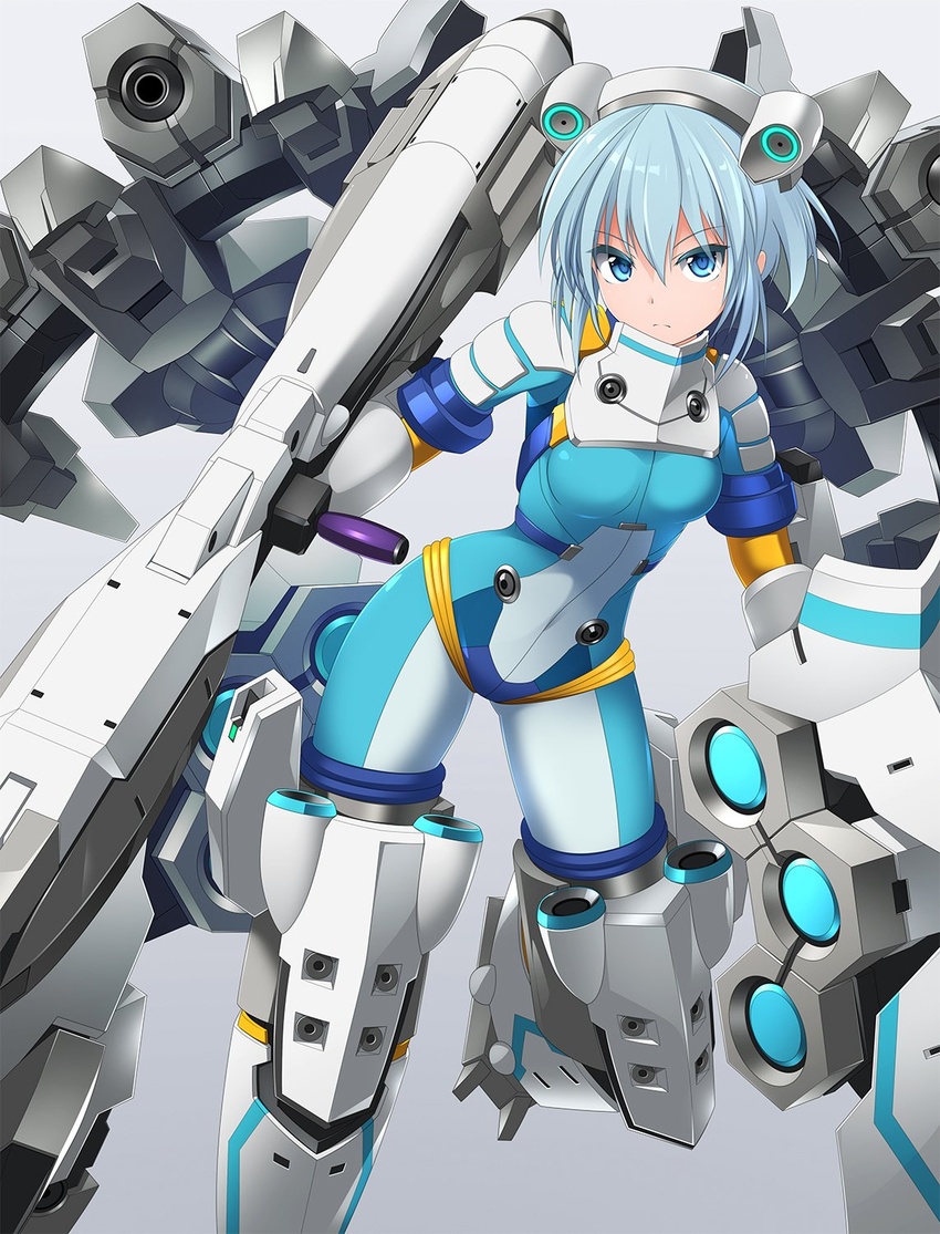 alice_gear_aegis blue_eyes blue_hair bodysuit breasts closed_mouth commentary_request female hair_between_eyes headgear highres holding holding_weapon looking_at_viewer mecha_musume nina_kalinina simple_background solo weapon zb_(dawn-blue)