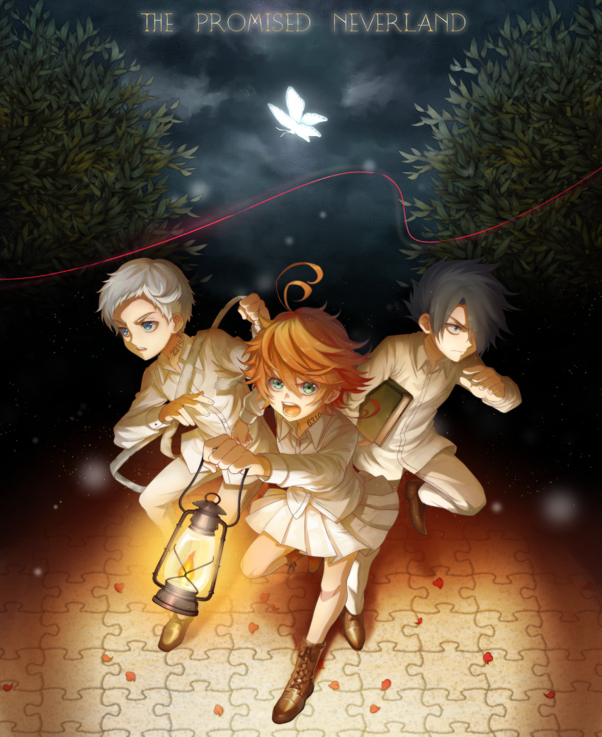 2boys absurdres ahoge angry bandages black_eyes black_hair blue_eyes book boots bug butterfly commentary_request copyright_name determined emma_(yakusoku_no_neverland) female forest full_body green_eyes hair_over_one_eye highres lantern leather leather_boots looking_at_viewer multiple_boys nature neck_tattoo night norman_(yakusoku_no_neverland) number_tattoo open_mouth orange_hair puzzle ray_(yakusoku_no_neverland) running short_hair silver_hair skirt string string_of_fate tattoo tree uniform white_hair xino yakusoku_no_neverland