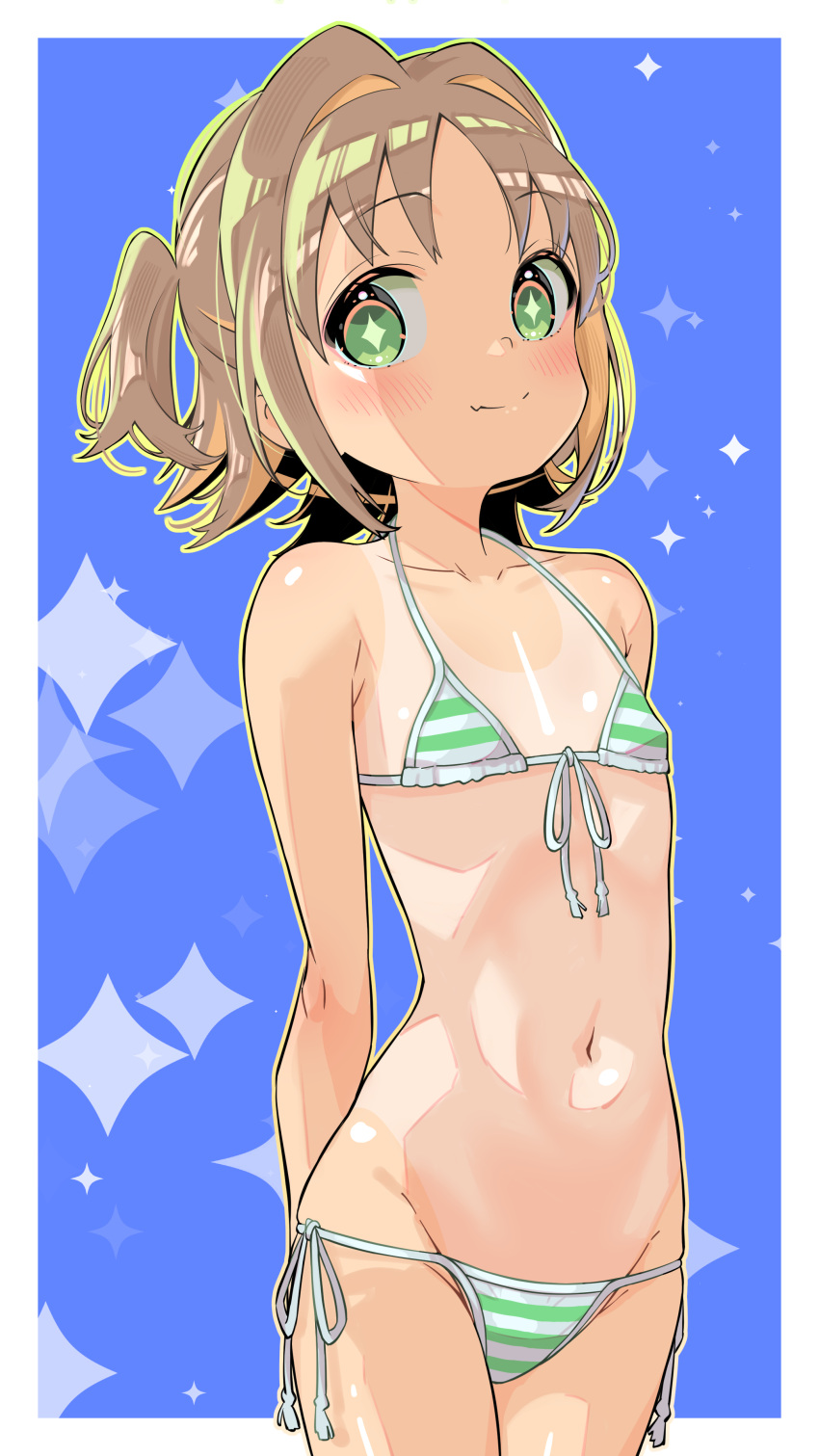 +_+ absurdres arms_behind_back bikini blush breasts brown_hair female front-tie_bikini_top front-tie_top green_bikini green_eyes highres long_hair looking_at_viewer low_twintails medium_hair navel oka_asahi onii-chan_wa_oshimai! side-tie_bikini_bottom small_breasts smile solo striped_bikini striped_clothes swimsuit twintails u_illustrator