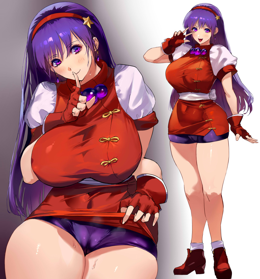 absurdres aged_up asamiya_athena bike_shorts blush breasts cameltoe earrings female fingerless_gloves gloves hair_ornament hairband headband highres jewelry large_breasts long_hair looking_at_viewer negresco open_mouth plump purple_eyes purple_hair red_gloves red_hairband skirt smile solo star_(symbol) star_hair_ornament the_king_of_fighters the_king_of_fighters_'98