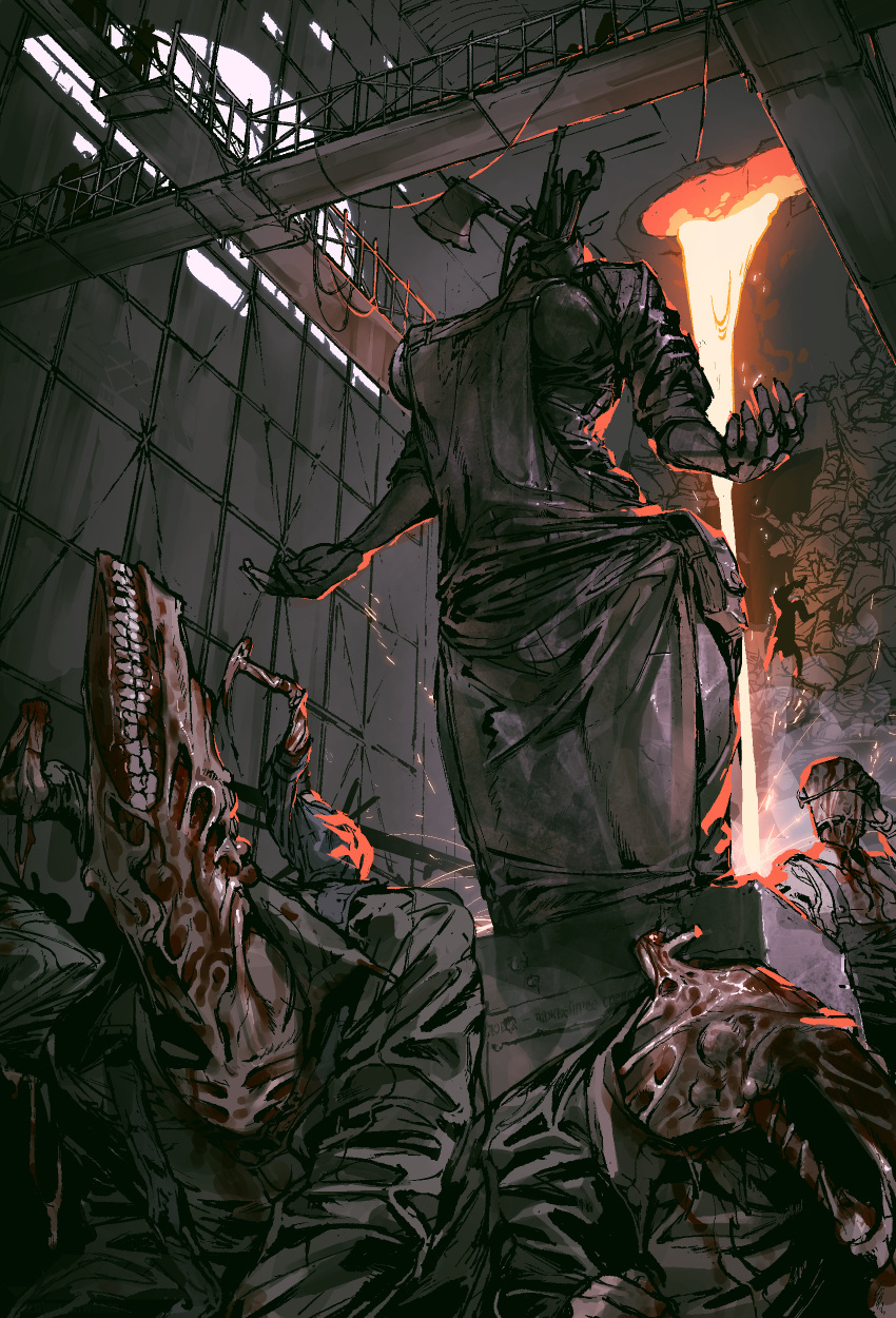 5others absurdres breasts english_commentary falling female flesh hammer headless highres horror_(theme) indoors juerucj molten_metal monster_girl multiple_others robe scaffolding scp-1011 scp_foundation statue teeth thighs