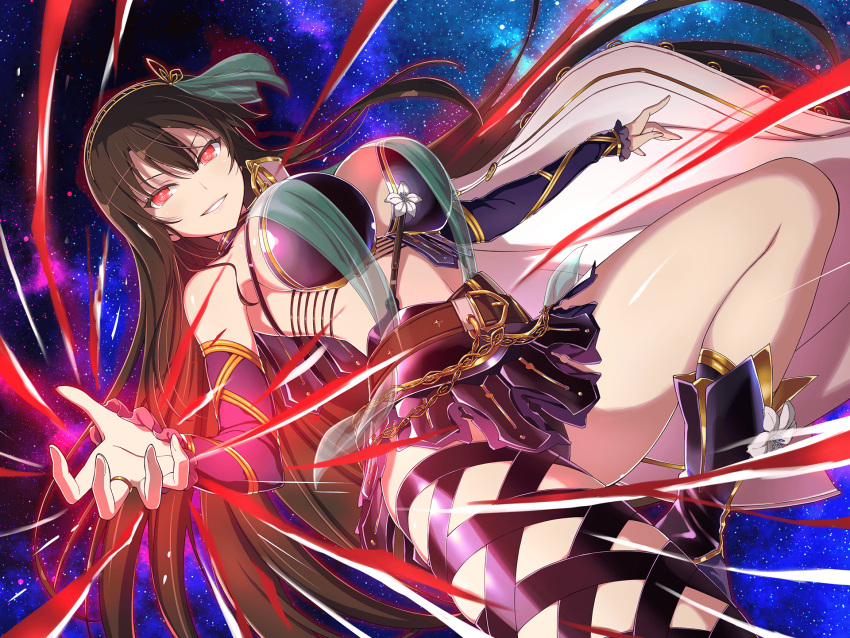 armor bare_shoulders belt belt_buckle bikini_armor black_hair blush boots breasts brown_belt buckle cape elbow_gloves energy faulds female flower gloves gold_trim grin hair_ornament hairband highres kagura_(senran_kagura) large_breasts lily_(flower) long_hair looking_at_viewer medium_breasts midriff night night_sky official_alternate_costume official_art outdoors parted_lips red_eyes revealing_clothes senran_kagura senran_kagura_new_link shiny_skin side_cape single_thighhigh sky smile smirk solo star_(sky) starry_sky symbol-shaped_pupils thighhighs thighs underwear very_long_hair white_flower yaegashi_nan