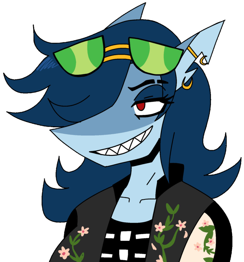 animated anthro blue_body breasts clothing female fish hi_res marine piercing red_eyes shark solo spoopy's_art_slave valerie_(capsaicinmellow) yapping