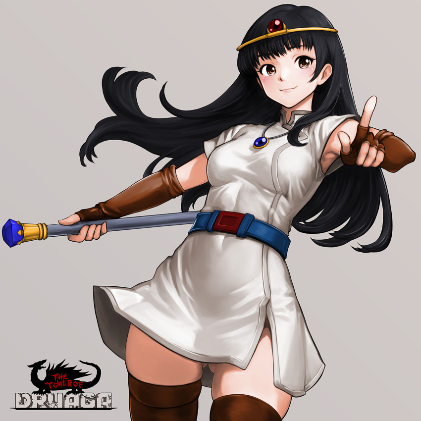 ass_visible_through_thighs belt black_hair blue_belt boots breasts brown_eyes brown_gloves copyright_name dress druaga_no_tou elbow_gloves female fingerless_gloves gloves grey_background highres holding holding_scepter index_finger_raised ki_(druaga) long_hair looking_at_viewer minamoto80486 opencanvas_(medium) pointing scepter short_sleeves simple_background small_breasts smile solo thigh_boots white_dress