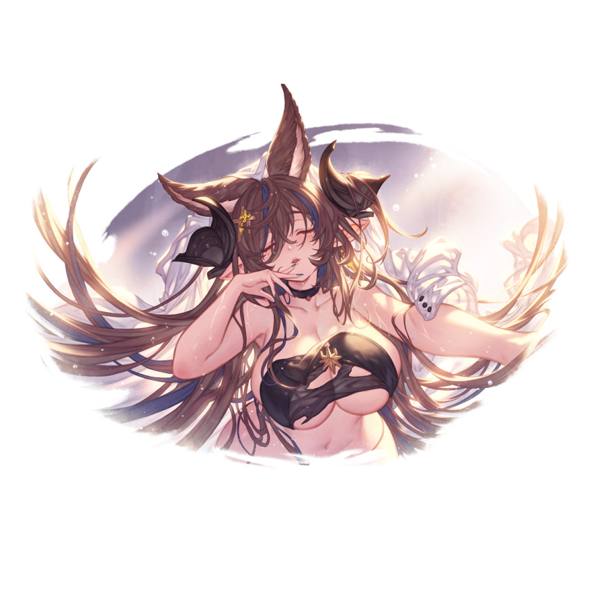 alpha_transparency animal_ears bikini black_bikini blue_hair breasts brown_hair closed_eyes extra_ears female galleon_(granblue_fantasy) galleon_(summer)_(granblue_fantasy) granblue_fantasy hair_between_eyes horns large_breasts long_hair minaba_hideo multicolored_hair navel official_alternate_costume official_art parted_lips pointy_ears solo streaked_hair swimsuit torn_bikini torn_clothes transparent_background