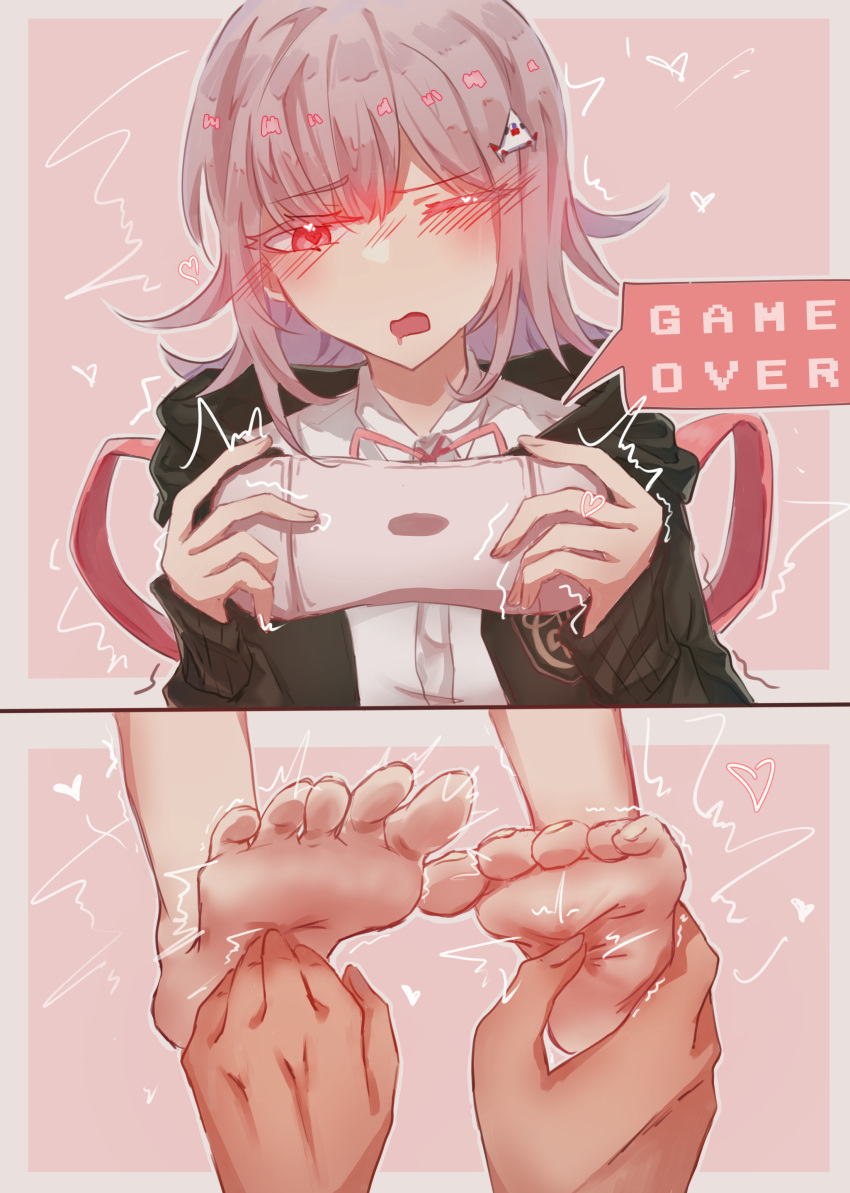 absurdres barefoot black_jacket blush danganronpa_(series) danganronpa_2:_goodbye_despair female flipped_hair game_over handheld_game_console hands_up highres holding holding_handheld_game_console hood hood_down hooded_jacket jacket long_sleeves medium_hair mian_mian nanami_chiaki neck_ribbon open_clothes open_jacket pink_background pink_eyes playing_games ribbon shirt soles spaceship_hair_ornament tickling tickling_feet white_shirt wizardry_mao