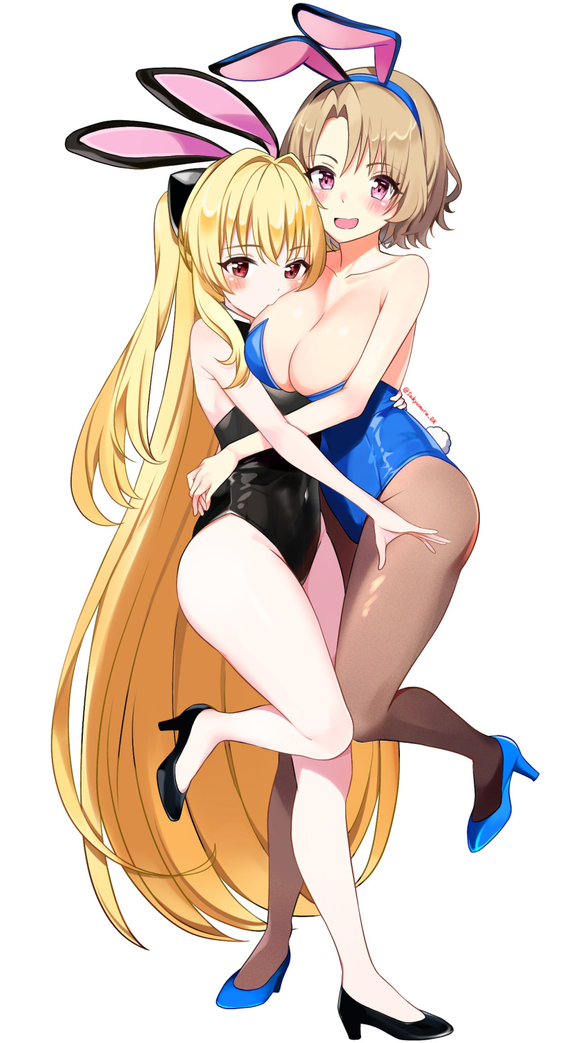 2girls absurdres animal_ears bare_arms bare_legs bare_shoulders black_leotard blonde_hair blue_leotard blush breasts brown_pantyhose cleavage collarbone commentary covered_navel curvy eyes_visible_through_hair face_to_breasts fake_animal_ears fake_tail full_body hair_between_eyes hair_intakes high_heels highleg highleg_leotard highres hug konjiki_no_yami large_breasts leotard light_brown_hair long_hair looking_at_viewer momioka_risa multiple_girls pantyhose pink_eyes playboy_bunny rabbit_ears rabbit_tail red_eyes sakyumiru short_hair sidelocks simple_background standing standing_on_one_leg straight_hair tail thighs to_love-ru to_love-ru_darkness tsurime twitter_username two_side_up very_long_hair white_background