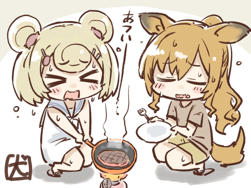 >_< 2girls akanotanin13 animal_ears arknights bear_ears blonde_hair brown_hair brown_shirt brown_shorts candy_hair_ornament ceobe_(arknights) chibi closed_eyes commentary cooking dog_ears dog_girl dog_tail dress food food-themed_hair_ornament fork frying_pan gummy_(arknights) hair_ornament holding holding_fork holding_frying_pan holding_plate long_hair multiple_girls open_mouth plate sailor_collar sailor_dress shirt short_hair short_sleeves shorts signature sleeveless sleeveless_dress squatting steak sweat symbol-only_commentary tail white_dress white_sailor_collar