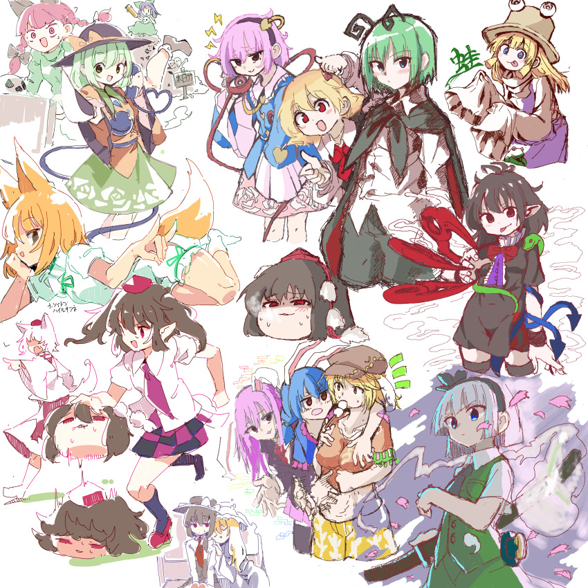 6+girls absurdres animal_ears antennae ascot black_cape black_dress black_hairband black_hat black_necktie black_pants black_socks black_thighhighs blonde_hair blue_eyes blue_hair blue_shirt blush_stickers brown_hair brown_hat brown_shirt cape checkered_clothes checkered_skirt collared_shirt dango dress food food_in_mouth fox_ears fox_girl fox_tail green_eyes green_hair green_ribbons green_skirt hairband hat highres himekaidou_hatate holding holding_knife inubashiri_momiji kaenbyou_rin katana kimeemaru knife komeiji_koishi komeiji_satori konpaku_youmu konpaku_youmu_(ghost) long_sleeves lop_rabbit_ears lying midriff moriya_suwako multiple_girls necktie on_side pants peeking_out petals pink_hair pointy_ears purple_hair purple_necktie purple_skirt purple_vest rabbit_ears rabbit_girl red_ascot red_eyes red_vest reisen_udongein_inaba reiuji_utsuho ribbon ringo_(touhou) rumia seiran_(touhou) shameimaru_aya shinmon_akika shirt sign skirt skull sleeves_past_fingers sleeves_past_wrists smile snake socks sword tail thighhighs third_eye tokin_hat tongue tongue_out touhou translation_request vest wagashi weapon wheelbarrow white_shirt wide_sleeves wings yellow_pants yukkuri_shiteitte_ne