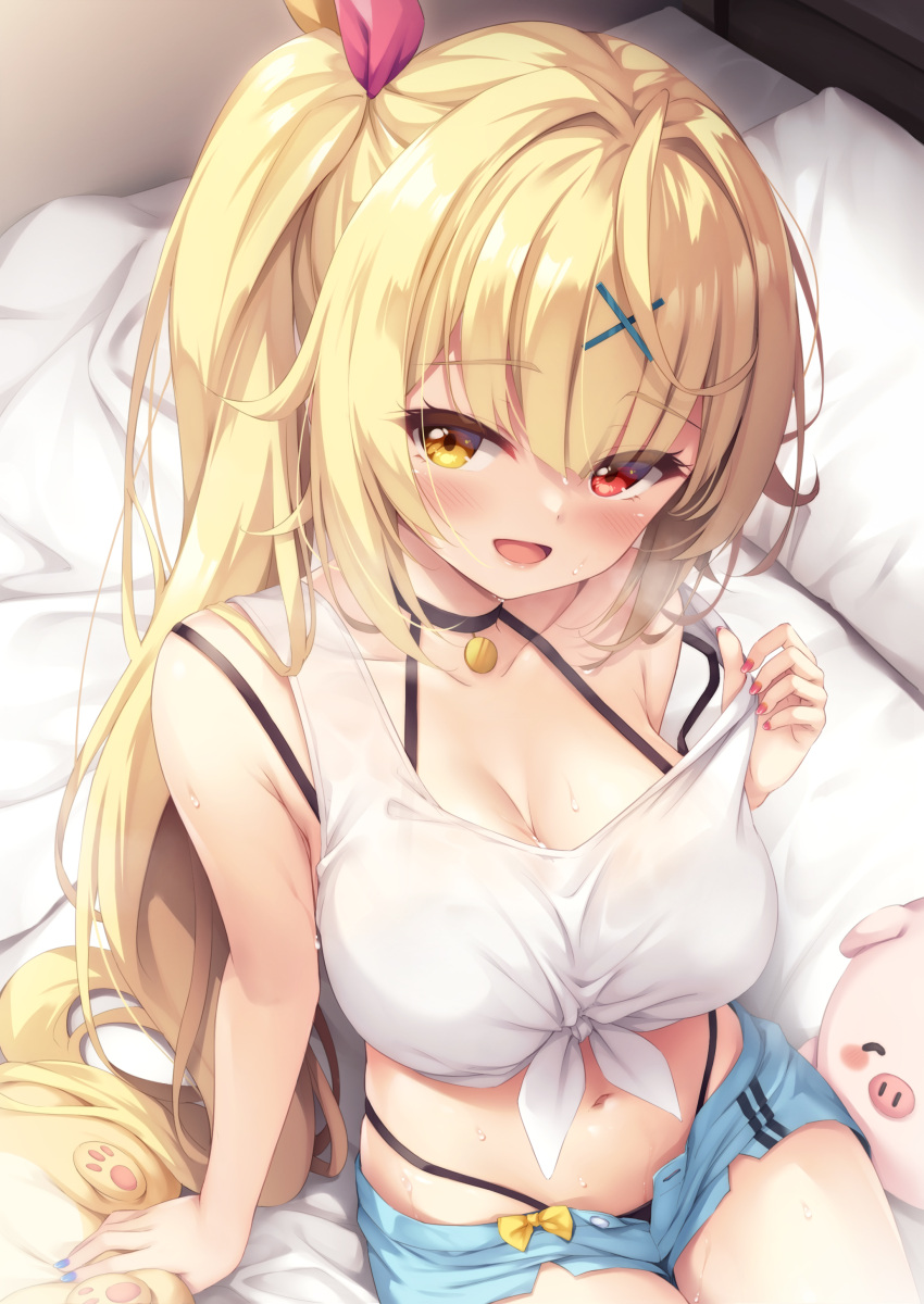 :d absurdres arm_support bare_arms bare_shoulders bed black_choker black_panties blonde_hair blue_nails blue_shorts blush breasts choker cleavage collarbone commentary_request female from_above hair_between_eyes hair_ornament hairclip hand_up heterochromia highleg highleg_panties highres hoshikawa_sara hoshikawa_sara_(1st_costume) large_breasts long_hair looking_at_viewer looking_up multicolored_nails nail_polish nijisanji on_bed open_clothes open_fly open_shorts panties pillow pulling_own_clothes red_eyes red_nails short_shorts shorts side_ponytail sitting smile solo sweat tank_top tomifumi underwear very_long_hair virtual_youtuber white_tank_top x_hair_ornament yellow_eyes