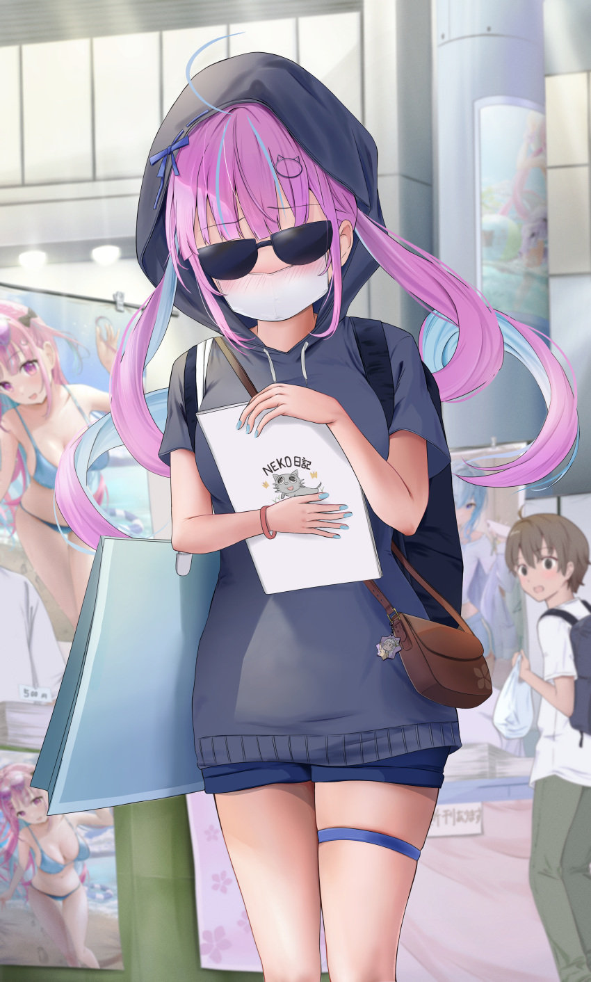 1boy absurdres alternate_costume bag black_hoodie blue_hair blue_shorts breasts brown_hair comiket female handbag highres hololive hood hoodie indoors large_breasts mask minato_aqua mochiki_927 mouth_mask multicolored_hair purple_hair shorts sunglasses thigh_strap twintails virtual_youtuber