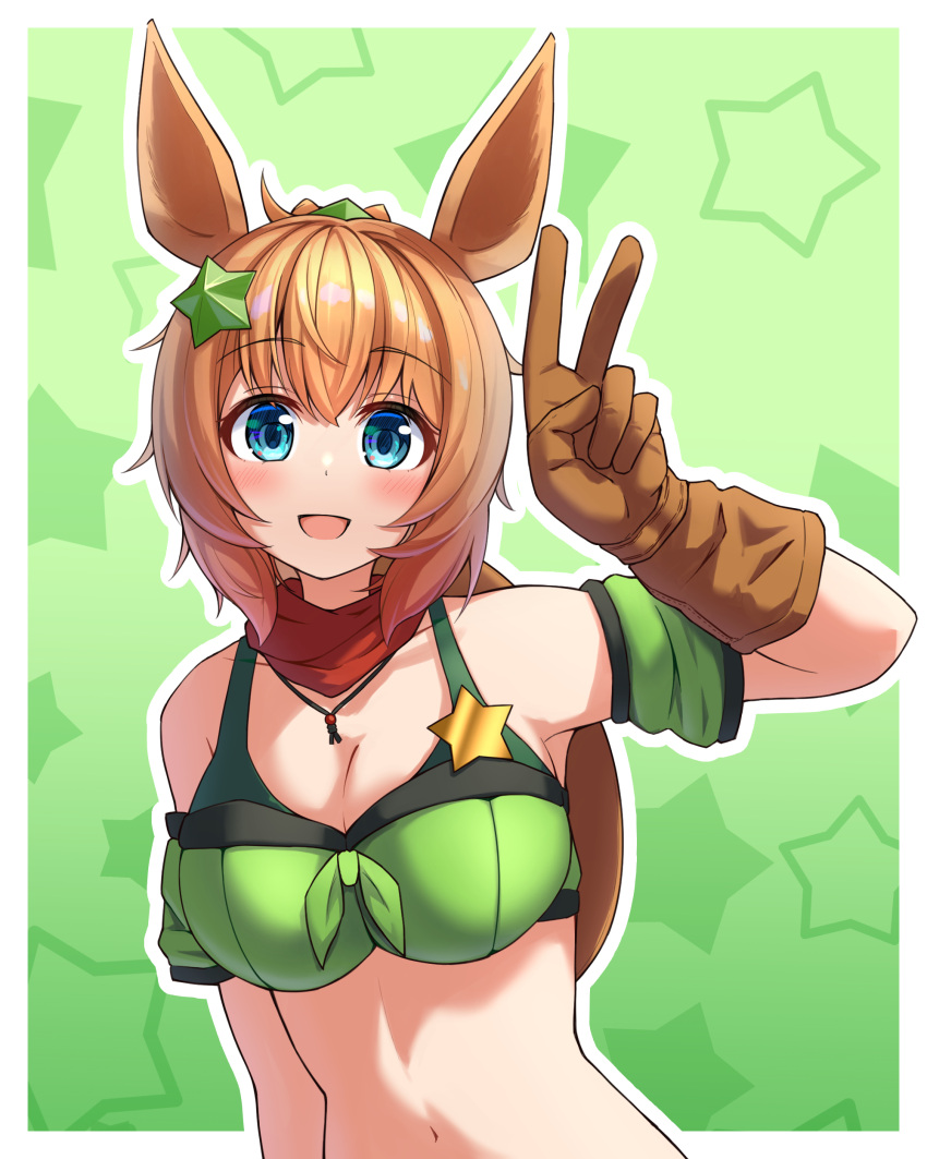 absurdres animal_ears bandana bandeau blue_eyes border breasts brown_gloves brown_hair cleavage commentary_request female gloves green_background green_bandeau hat_on_back highres horse_ears horse_girl large_breasts long_hair open_mouth outside_border ponytail red_bandana smile solo star_(symbol) taiki_shuttle_(umamusume) umamusume upper_body v white_border yamada_(c57hikaru)