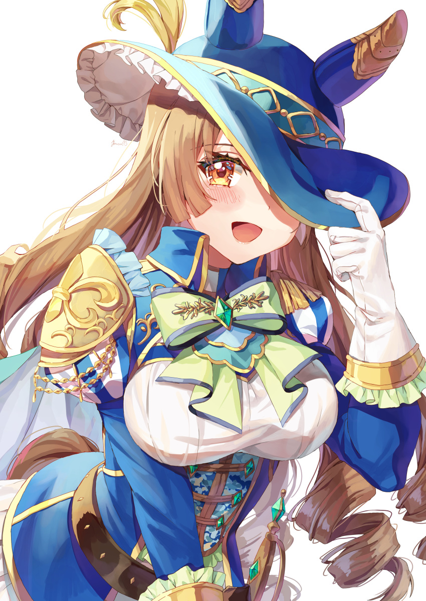 :d absurdres animal_ears armor blue_hat blue_jacket blush bow bowtie breasts brown_eyes brown_hair cavalier_hat commentary epaulettes female framed_breasts gloves green_bow green_bowtie hat hat_over_one_eye highres horse_ears horse_girl jacket juliet_sleeves large_breasts long_hair long_sleeves looking_at_viewer musketeer official_alternate_costume pauldrons plume puffy_sleeves satono_diamond_(chevalier_bleu)_(umamusume) satono_diamond_(umamusume) shoulder_armor simple_background single_epaulette single_pauldron smile solo umamusume upper_body white_background white_gloves yoru_usagi