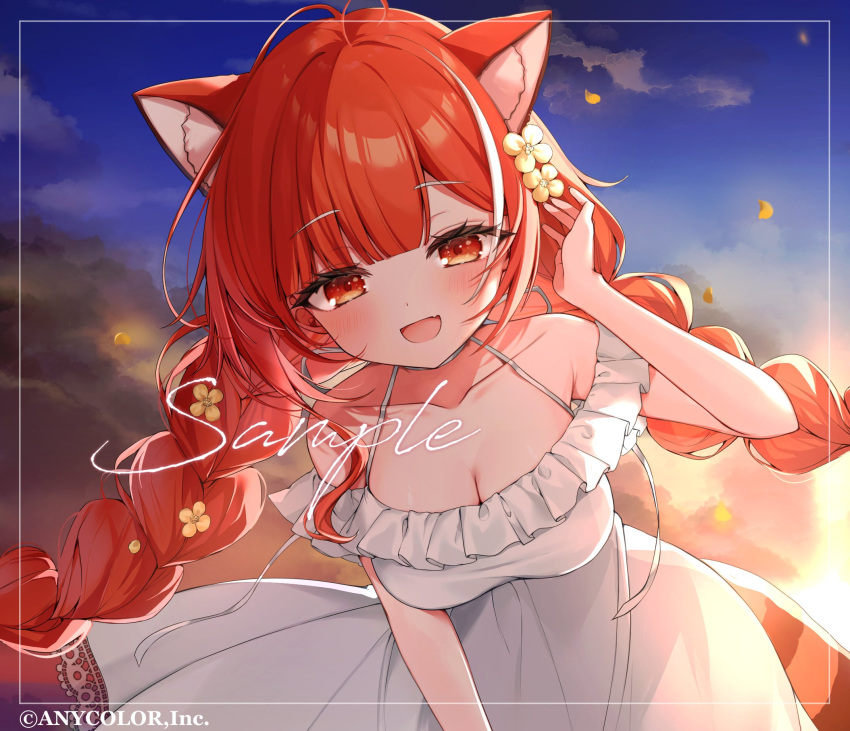 :d animal_ear_fluff bare_shoulders blunt_bangs blush braid breasts cleavage collarbone commentary_request copyright_name dress female flower hair_flower hair_ornament halterneck hand_up highres ineka_ka large_breasts long_hair looking_at_viewer nijisanji oerba_yun_fang open_mouth petals ratna_petit red_eyes red_hair red_panda_ears red_panda_girl red_panda_tail sample_watermark skin_fang sleeveless sleeveless_dress smile solo twin_braids virtual_youtuber watermark white_dress