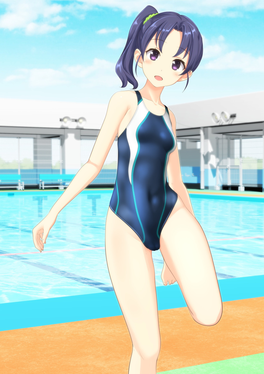 :d absurdres bad_id bad_twitter_id bench blue_hair blue_one-piece_swimsuit blue_sky blurry breasts cloud commentary_request competition_swimsuit covered_navel day depth_of_field feet_out_of_frame female high_school_fleet highres long_hair looking_at_viewer one-piece_swimsuit open_mouth outdoors pool poolside purple_eyes side_ponytail sky small_breasts smile solo standing standing_on_one_leg swimsuit takafumi wazumi_hime