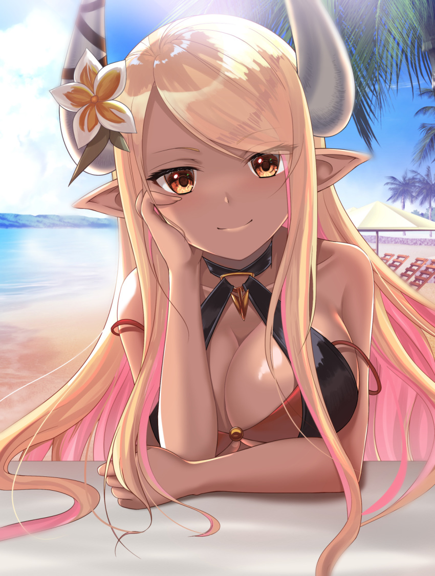 bare_shoulders beach bikini blonde_hair blue_sky breasts cleavage closed_mouth collarbone colored_inner_hair dark-skinned_female dark_skin day draph eko female flower granblue_fantasy hand_on_own_cheek hand_on_own_face highres horn_flower horns kumbhira_(granblue_fantasy) kumbhira_(summer)_(granblue_fantasy) large_breasts layered_bikini looking_at_viewer multicolored_hair official_alternate_costume orange_eyes orange_flower outdoors palm_tree pink_hair sky smile solo strap_slip sunlight swept_bangs swimsuit tree two-tone_bikini two-tone_hair upper_body