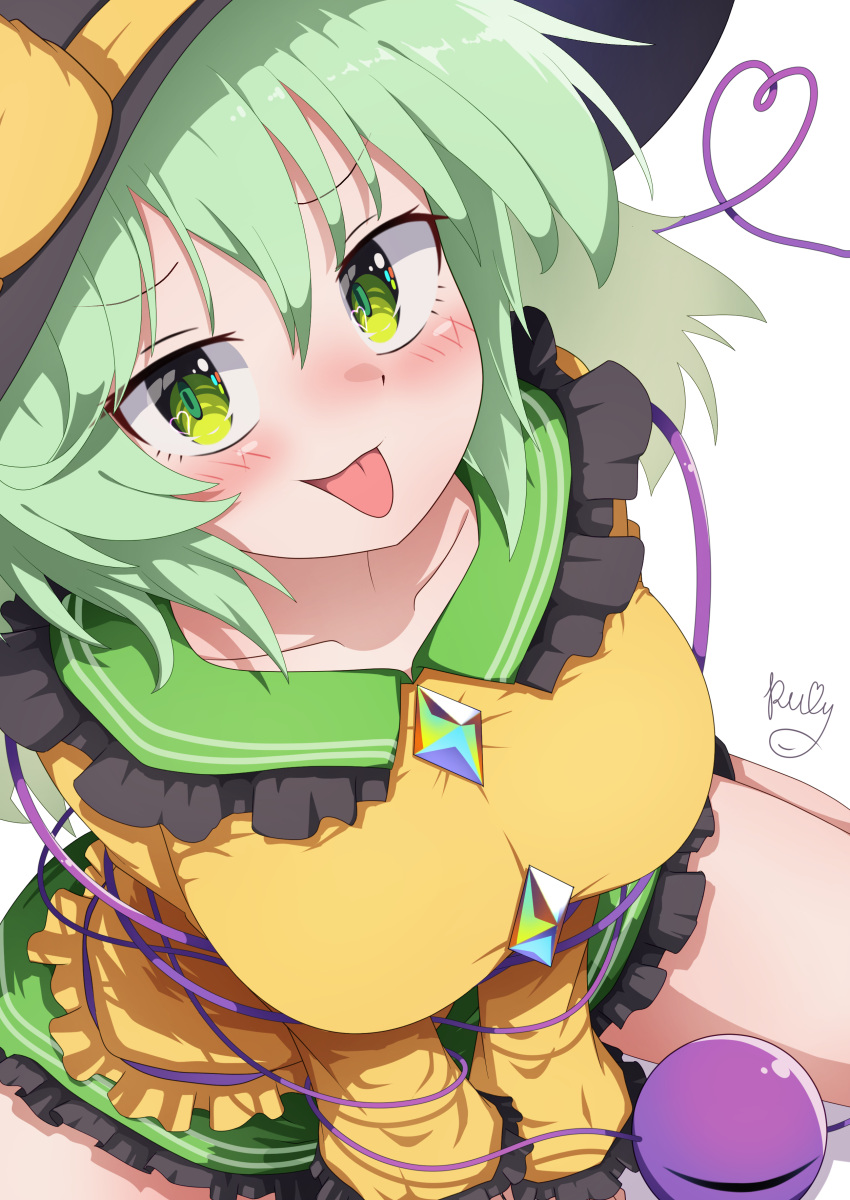 absurdres alternate_breast_size black_hat breasts commentary female frilled_shirt_collar frilled_skirt frills green_eyes green_hair green_skirt hat heart heart_of_string highres komeiji_koishi large_breasts long_sleeves looking_at_viewer polyhedron2 shirt short_hair signature simple_background skirt solo third_eye tongue tongue_out touhou white_background yellow_shirt