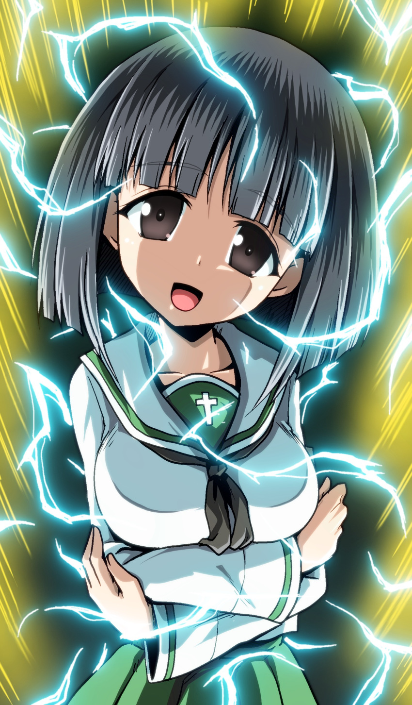 :d absurdres armband aura black_eyes black_hair black_neckerchief blouse blunt_bangs blunt_ends bob_cut commentary crossed_arms dragon_ball dragon_ball_z electricity female girls_und_panzer gotou_moyoko green_skirt head_tilt highres kamishima_kanon long_sleeves looking_at_viewer neckerchief ooarai_school_uniform open_mouth pleated_skirt sailor_collar school_uniform serafuku shirt short_hair skirt smile solo standing super_saiyan super_saiyan_2 white_sailor_collar white_shirt