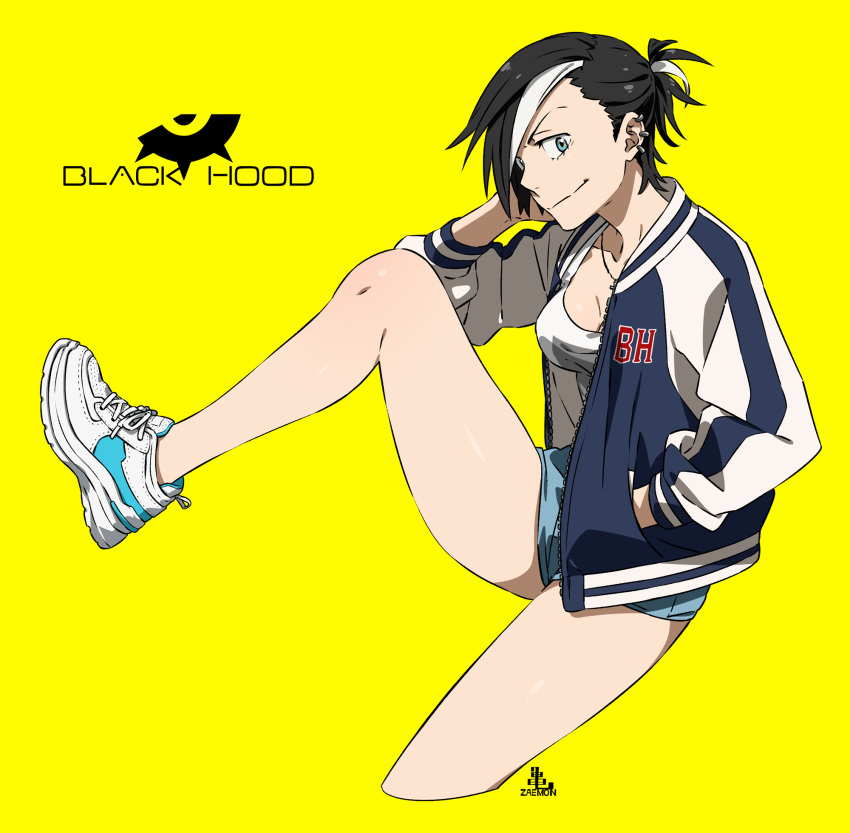 blue_eyes commentary_request ear_piercing female hand_in_pocket highres iwado_anna jacket jewelry kamezaemon leg_up letterman_jacket looking_at_viewer multicolored_hair necklace open_clothes open_jacket original piercing shoes short_shorts shorts simple_background sneakers solo yellow_background