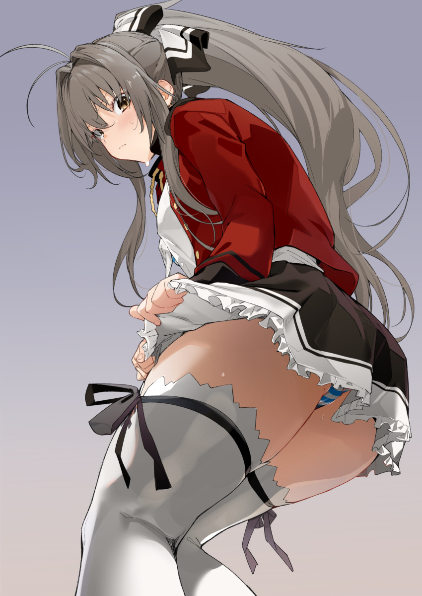 aiguillette amagi_brilliant_park antenna_hair ass black_skirt blush breasts brown_eyes brown_hair female hair_intakes highres jacket large_breasts long_hair long_sleeves looking_at_viewer panties ponytail red_jacket sento_isuzu skirt solo striped_clothes striped_panties thighhighs underwear uno_ryoku white_thighhighs