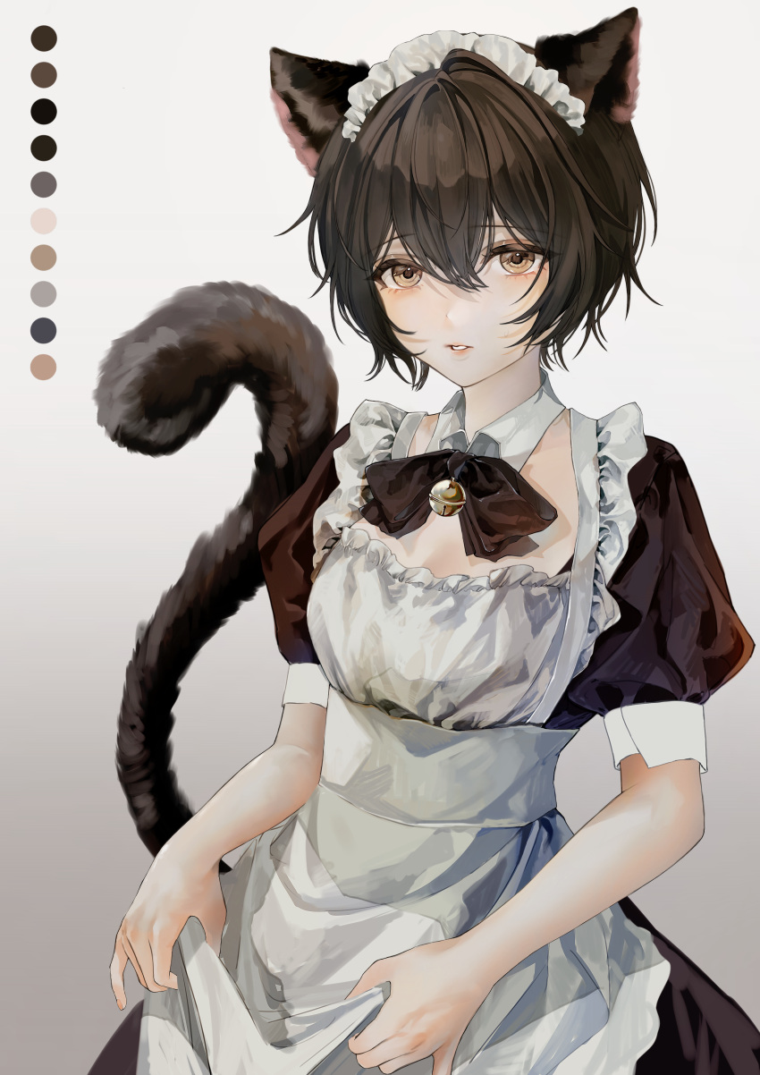 absurdres androgynous animal_ears apron bad_id bad_pixiv_id bell black_bow black_bowtie black_dress bow bowtie brown_eyes brown_hair cat_ears cat_girl cat_tail color_guide commentary d4dj detached_collar dress english_commentary female giraffe_three gradient_background grey_background highres looking_at_viewer maid maid_apron maid_headdress miyake_aoi neck_bell parted_lips puffy_short_sleeves puffy_sleeves short_hair short_sleeves skirt_hold solo tail upper_body white_apron