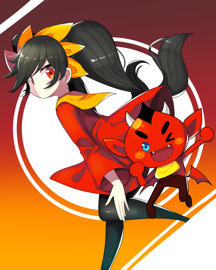 absurdres ashley_(warioware) bad_id bad_pixiv_id black_hair black_legwear demon dress female hairband highres korean_commentary long_hair looking_at_viewer looking_back neckerchief offbeat red_(warioware) red_dress red_eyes tiara twintails warioware yellow_hairband yellow_neckerchief