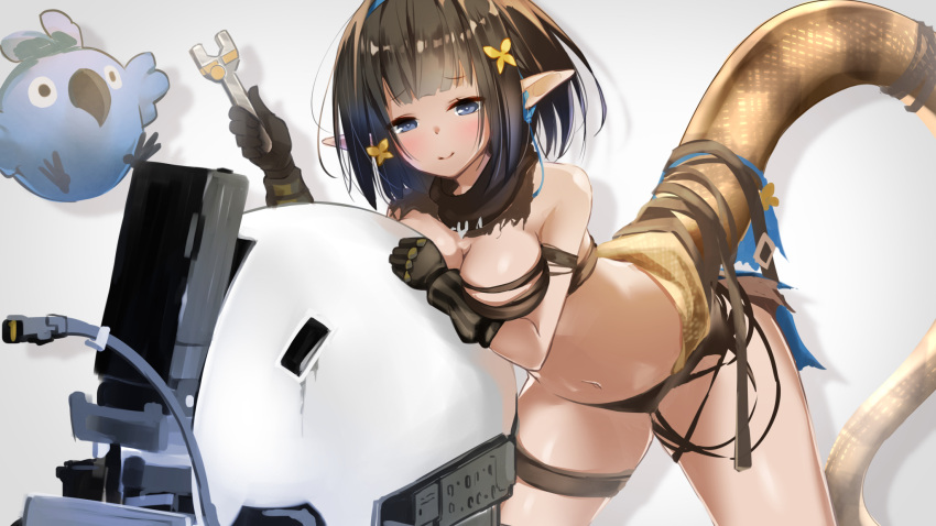 animal arknights bandeau bird black_panties blue_eyes bob_cut breast_press breasts brown_hair cleavage earphones eunectes_(arknights) female flower gloves hair_flower hair_ornament headband hellnyaa high_priest_(arknights) highres holding lancet-2_(arknights) medium_breasts panties pointy_ears robot shadow short_hair simple_background smile snake_tail tail thigh_strap thighs underwear wrench