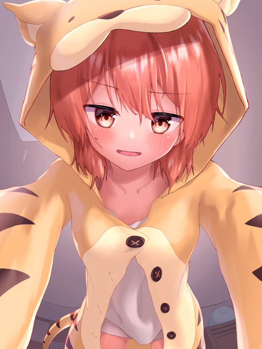 absurdres animal_costume animal_print blush brown_eyes commentary_request female from_below hair_between_eyes highres indoors koito_yuu looking_at_viewer looking_down medium_hair nowoka open_mouth orange_hair pajamas solo tail tiger_costume tiger_print tiger_tail yagate_kimi_ni_naru