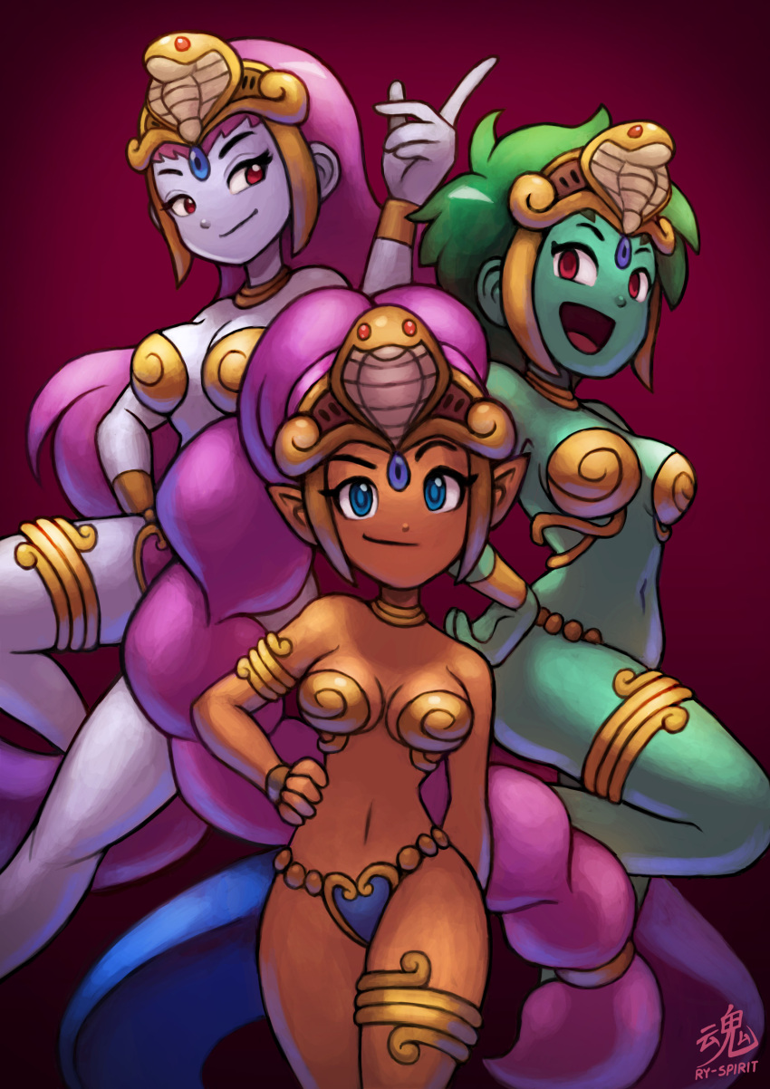 3girls absurdres armlet bracelet breasts cleavage colored_skin commission dancer_shantae dark-skinned_female dark_skin green_hair green_skin hand_on_own_hip highres jewelry long_hair multiple_girls official_alternate_costume purple_hair purple_skin risky_boots rottytops ry-spirit shantae shantae_(series) shantae_and_the_pirate's_curse short_hair smile thighlet tiara very_long_hair