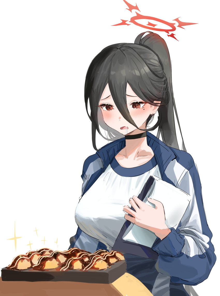 absurdres black_choker black_hair blue_archive blue_jacket blush breasts choker drooling female food gym_uniform hair_between_eyes halo hasumi_(blue_archive) hasumi_(track)_(blue_archive) highres holding hungry jacket large_breasts long_hair long_sleeves looking_at_food mole mole_under_eye nonoa official_alternate_costume ponytail red_eyes saliva shirt simple_background solo sparkle takoyaki upper_body white_background white_shirt