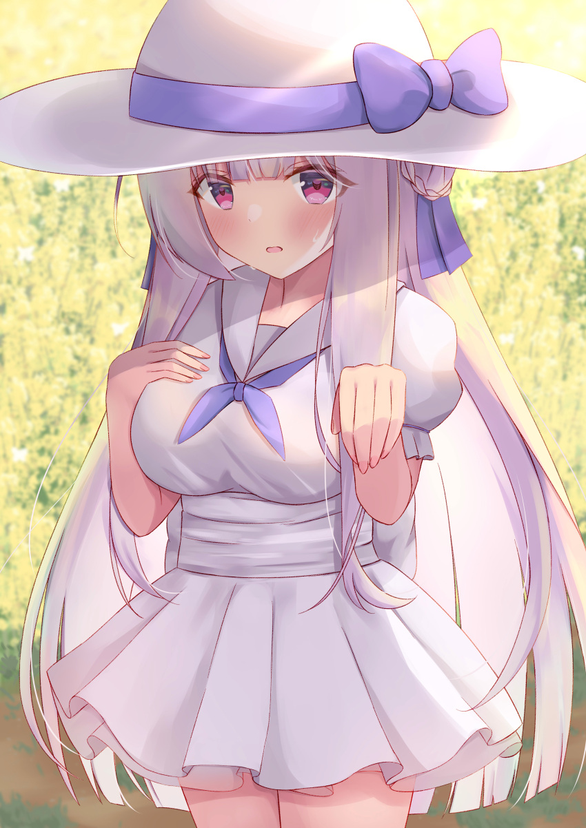 absurdres aihara_kazushi alternate_costume azur_lane blush bow braid braided_bun breasts cygnet_(azur_lane) double_bun dress female flower grass grey_sailor_collar hair_bun hat hat_ribbon highres long_hair neckerchief outdoors puffy_short_sleeves puffy_sleeves purple_neckerchief red_eyes ribbon sailor_collar sash short_sleeves solo sun_hat sundress sweat white_dress white_hair