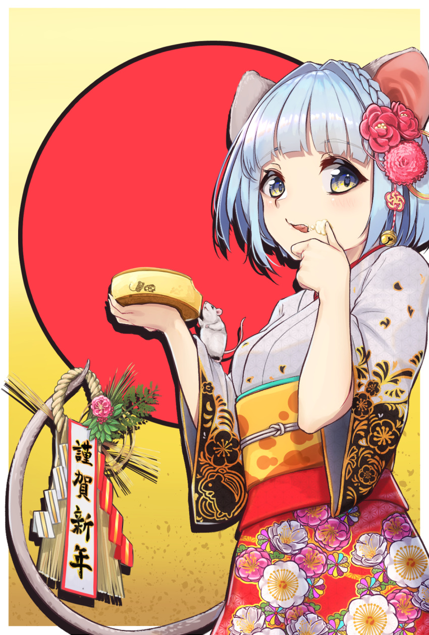 bell blue_eyes blue_hair blunt_bangs bob_cut cheese cheese_wheel chinese_zodiac commentary_request eyelashes female floral_print food hair_bell hair_intakes hair_ornament highres japanese_clothes jingle_bell kanzashi kimono licking_lips looking_at_viewer mari0ball mouse_(animal) mouse_girl mouse_tail new_year obi original red_sun sash shide solo straw_(stalk) tail tongue tongue_out year_of_the_rat yellow_background yellow_eyes