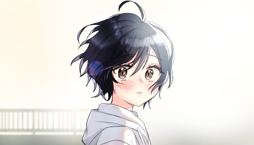 22/7 ahoge black_hair blush brown_eyes female foshu hair_between_eyes highres hood hood_down hoodie looking_at_viewer open_mouth short_hair takigawa_miu upper_body white_hoodie