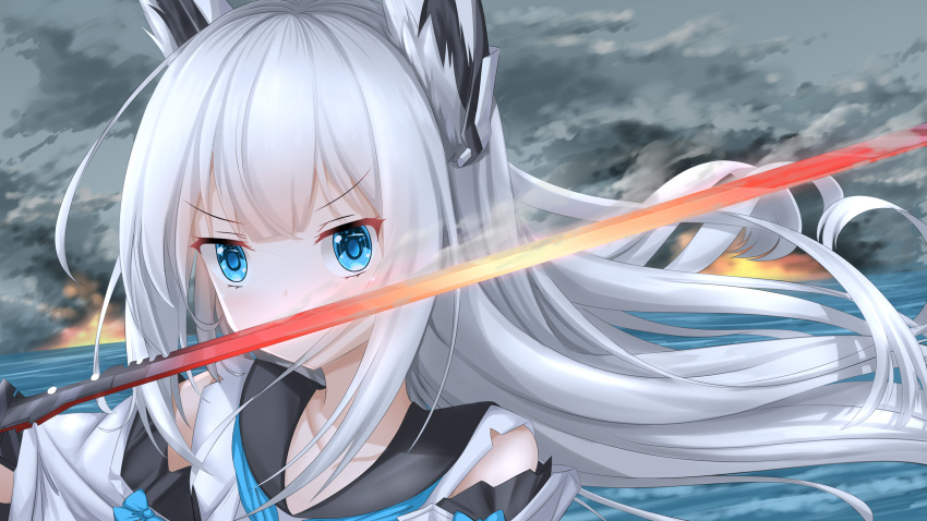 animal_ears azur_lane blue_eyes blurry collarbone commentary_request denfunsan depth_of_field detached_sleeves explosion female fighting_stance fire fox_ears hair_between_eyes highres horizon kawakaze_(azur_lane) long_hair long_sleeves looking_at_viewer ocean sidelocks solo sword weapon white_hair wind