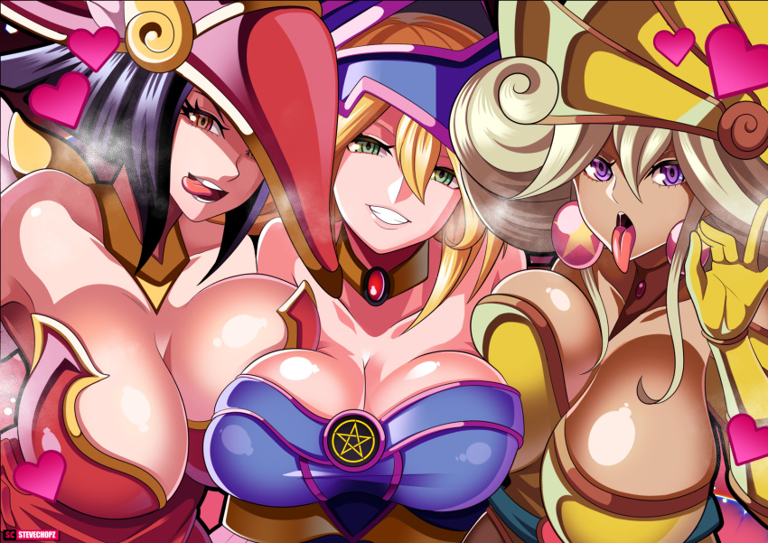 3girls :d apple_magician_girl armpits asymmetrical_docking bare_shoulders black_hair blonde_hair blush breast_press breasts brown_eyes choker cleavage dark-skinned_female dark_magician_girl dark_skin duel_monster earrings elbow_gloves fellatio_gesture gloves green_eyes grin hair_between_eyes hat heart highres jewelry large_breasts lemon_magician_girl long_hair looking_at_viewer medium_hair multiple_girls naughty_face open_mouth pentacle platinum_blonde_hair purple_eyes sidelocks smile steve_chopz strapless tongue tongue_out upper_body wizard_hat yu-gi-oh! yu-gi-oh!_the_dark_side_of_dimensions