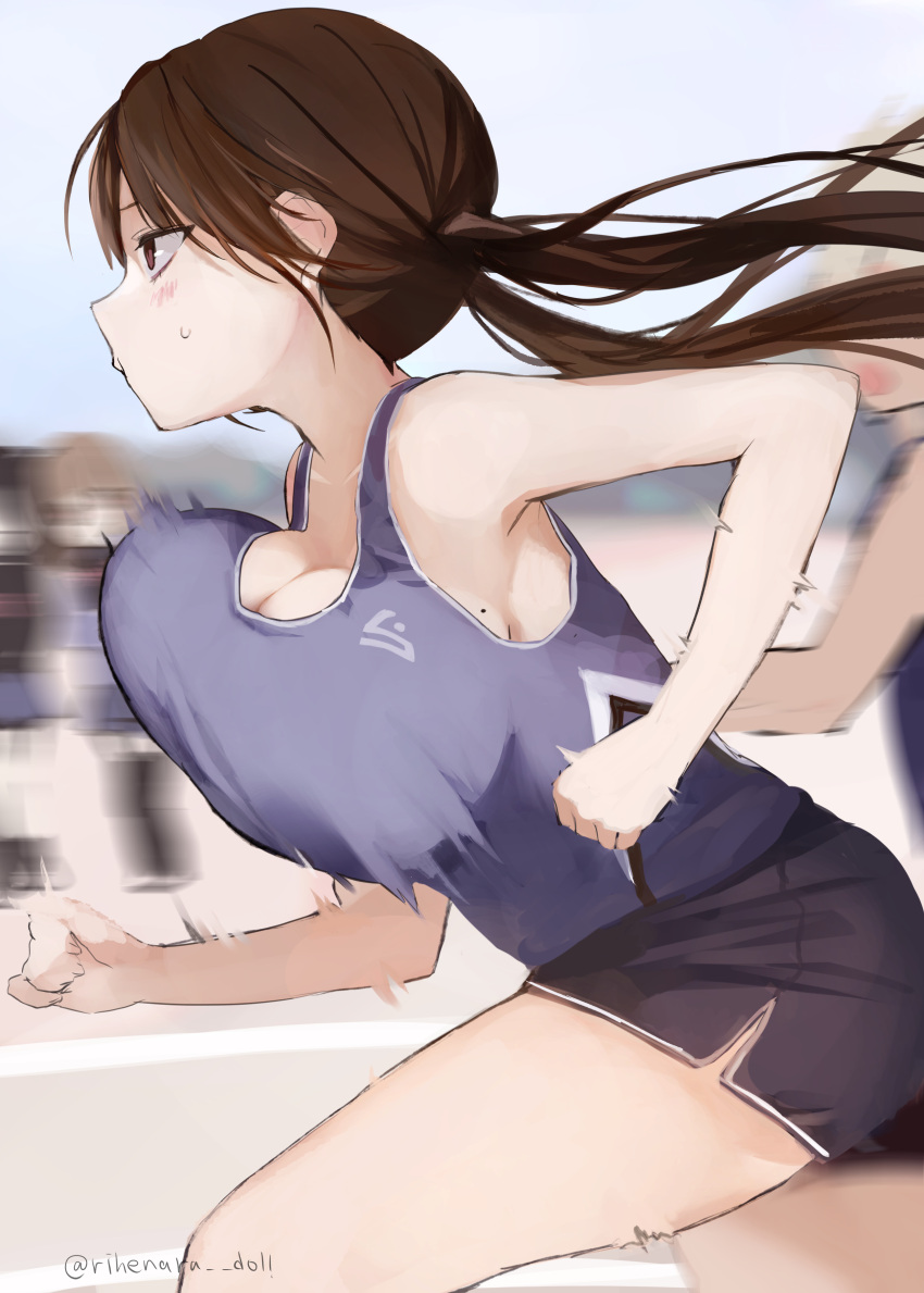 absurdres bare_shoulders bouncing_breasts breasts brown_hair female from_side highres large_breasts long_hair mole motion_blur original running shorts solo_focus sportswear tank_top twintails yukari_(rihenara_doll)