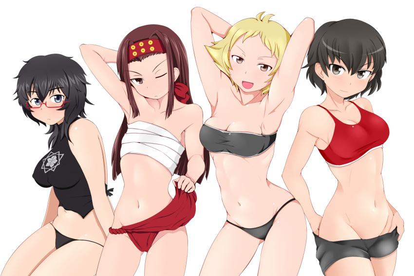 4girls :d arched_back arm_behind_head arm_up armpits arms_behind_head arms_up bandeau bikini bikini_shorts black_bikini black_eyes black_hair black_shirt black_shorts blonde_hair blush breasts brown_eyes brown_hair caesar_(girls_und_panzer) chest_sarashi closed_mouth commentary_request erwin_(girls_und_panzer) frown fundoshi fundoshi_lift girls_und_panzer glasses groin half-closed_eyes halterneck headband japanese_clothes long_hair looking_at_viewer medium_breasts medium_hair messy_hair mismatched_bikini multiple_girls navel no_headwear no_scarf octagram one_eye_closed open_mouth oryou_(girls_und_panzer) pointy_hair print_shirt red-framed_eyewear red_bikini red_headband saemonza_(girls_und_panzer) sakamoto_clan_(emblem) sanada_clan_(emblem) sarashi semi-rimless_eyewear shirt short_hair short_ponytail shorts side-by-side simple_background sitting smile strapless strapless_bikini string_bikini swimsuit tanaka_rikimaru under-rim_eyewear v-shaped_eyebrows white_background