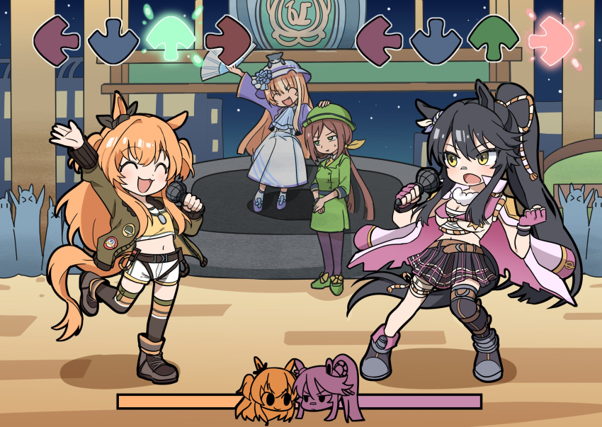 >_< 4girls :d :o ^_^ akikawa_yayoi_(umamusume) animal animal_ears animal_on_head arm_up arrow_(symbol) black_cat black_footwear black_hair black_ribbon black_skirt black_thighhighs blue_jacket boots breasts brown_jacket chibi cleavage closed_eyes commentary crop_top dress ear_ribbon feline friday_night_funkin' gameplay_mechanics green_headwear green_jacket green_skirt hair_between_eyes hand_fan hat hayakawa_tazuna highres holding holding_fan holding_microphone horse_ears horse_girl horse_tail jacket jacket_on_shoulders korean_commentary long_hair long_sleeves mayano_top_gun_(umamusume) medium_breasts microphone midriff multicolored_hair multiple_girls narita_brian_(umamusume) navel oerba_yun_fang on_head open_clothes open_jacket orange_hair pantyhose people pleated_skirt ponytail puffy_long_sleeves puffy_sleeves purple_pantyhose ribbon sarashi shirt short_shorts shorts single_thighhigh skirt smile standing standing_on_one_leg streaked_hair tail thighhighs thighhighs_under_boots two_side_up umamusume unneul v-shaped_eyebrows very_long_hair white_dress white_headwear white_jacket white_shorts wide_sleeves yellow_eyes yellow_shirt