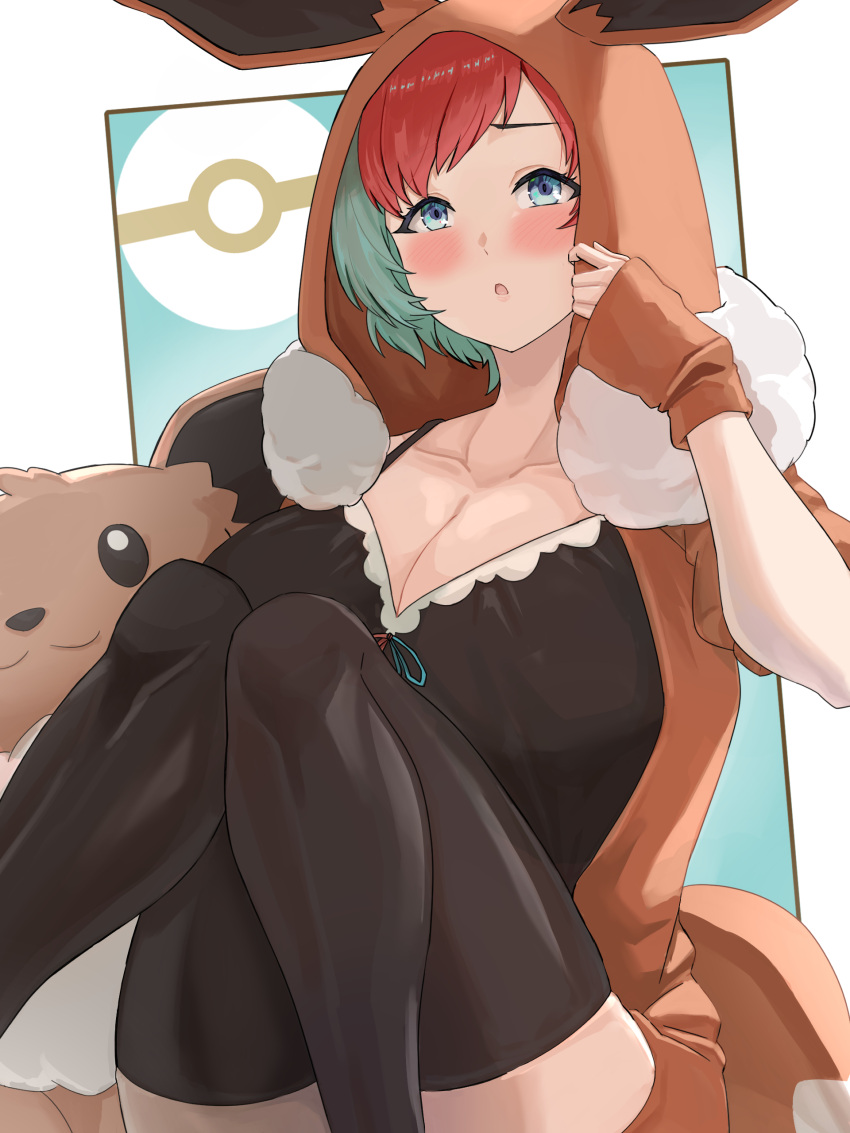 :o absurdres aged_up black_camisole black_thighhighs blue_eyes blue_hair blush breasts brown_jacket camisole character_doll cleavage collarbone commentary_request cosplay eevee eevee_(cosplay) female fur-trimmed_jacket fur_trim highres hizakake hood hood_up huge_breasts jacket knees_up looking_at_viewer loungewear multicolored_hair no_eyewear open_clothes open_jacket partially_unzipped penny_(pokemon) poke_ball_symbol pokemon pokemon_sv red_hair short_hair short_sleeves shorts sidelocks sitting skindentation solo swept_bangs thighhighs two-tone_hair wrist_cuffs