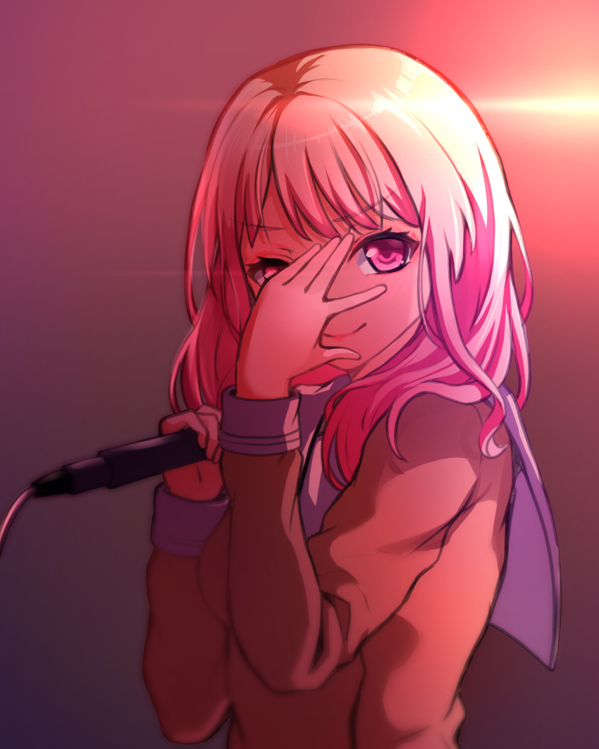 bang_dream! closed_mouth female gradient_background hanasakigawa_school_uniform hand_on_own_face head_tilt highres holding holding_microphone light long_sleeves looking_at_viewer maruyama_aya medium_hair microphone parody pink_eyes pink_hair ptal purple_background sailor_collar school_uniform sleeve_cuffs smile solo standing tareme upper_body