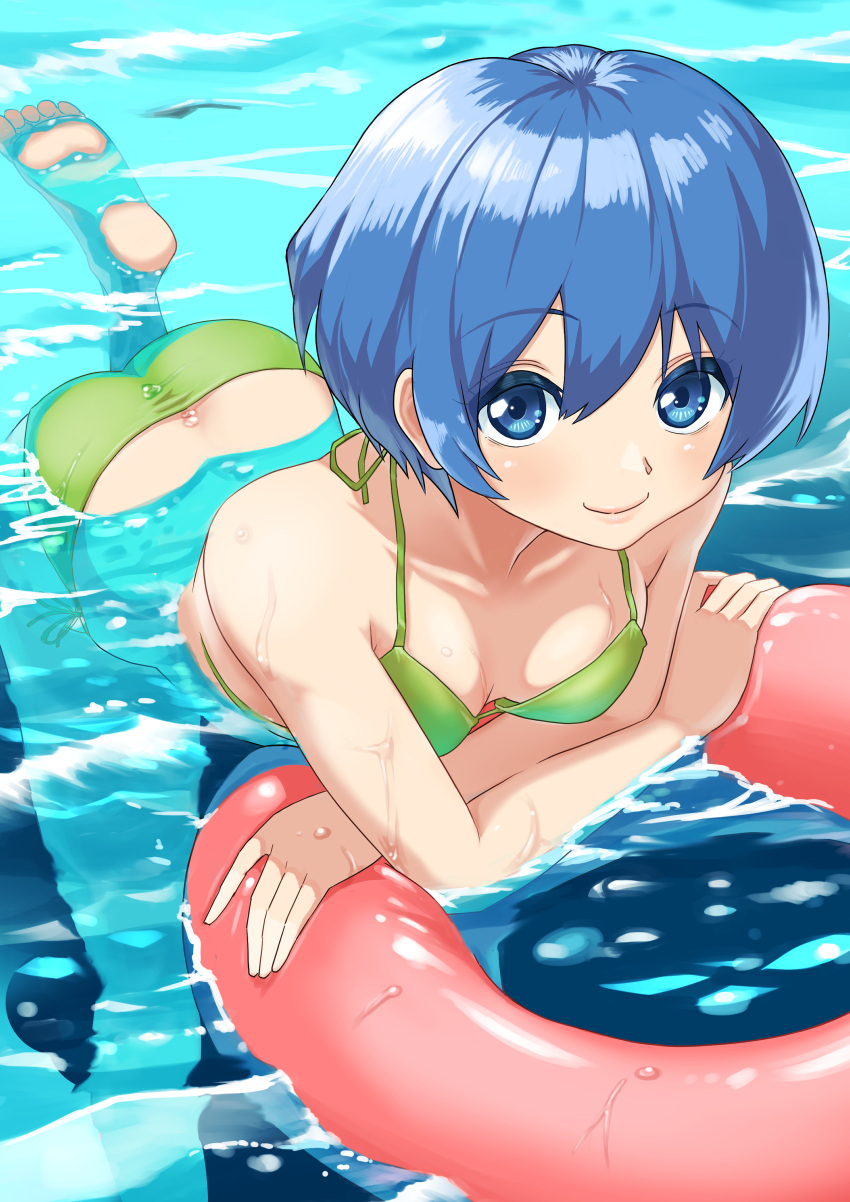 absurdres ass barefoot bikini blue_eyes breasts closed_mouth collarbone commentary_request feet female foot_out_of_frame foot_up green_bikini highres innertube kunimaki leaning_forward looking_at_viewer magicami pool shadow shiny_skin short_hair side-tie_bikini_bottom sidelocks small_breasts smile soles solo swept_bangs swim_ring swimsuit toes tomonaga_kaori water wet