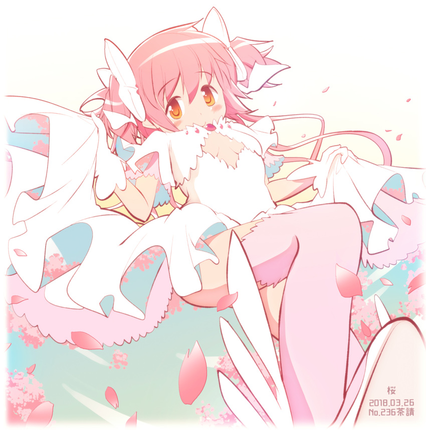 2018 beige_background blue_sky blush_stickers breasts chauke cherry_blossoms cleavage_cutout closed_mouth clothing_cutout commentary_request dated dot_nose double_exposure dress female flower from_below gloves gradient_background hair_between_eyes hair_ribbon happy highres kaname_madoka long_dress looking_at_viewer mahou_shoujo_madoka_magica mahou_shoujo_madoka_magica_(anime) petals pink_flower pink_hair pink_theme pink_thighhighs ribbon shoe_soles simple_background skirt_hold sky small_breasts smile solo stepping tareme thighhighs ultimate_madoka underboob vignetting white_background white_dress white_footwear white_gloves white_ribbon wide_sleeves winged_footwear yellow_eyes zettai_ryouiki